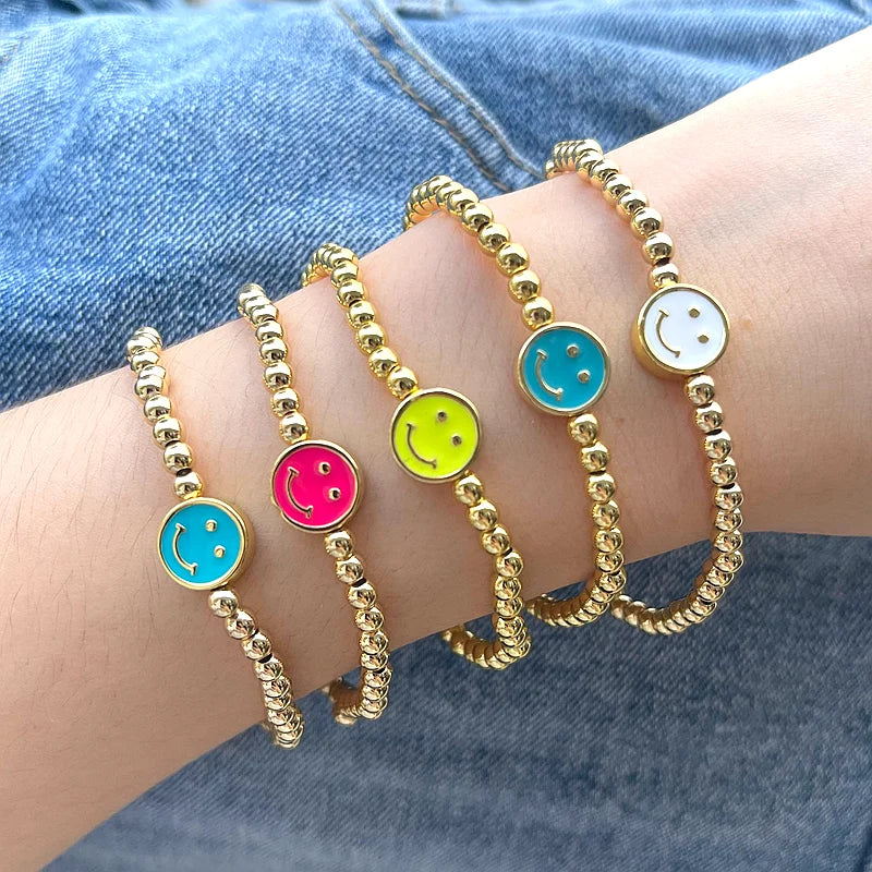 10Pcs Smiley Face Enamel Bracelet Gold Beads Elastic Jewelry