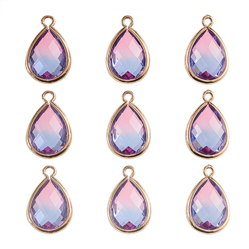 10Pcs Teardrop Crystal Glass Pendants Charms with Brass Edge for DIY Accessories