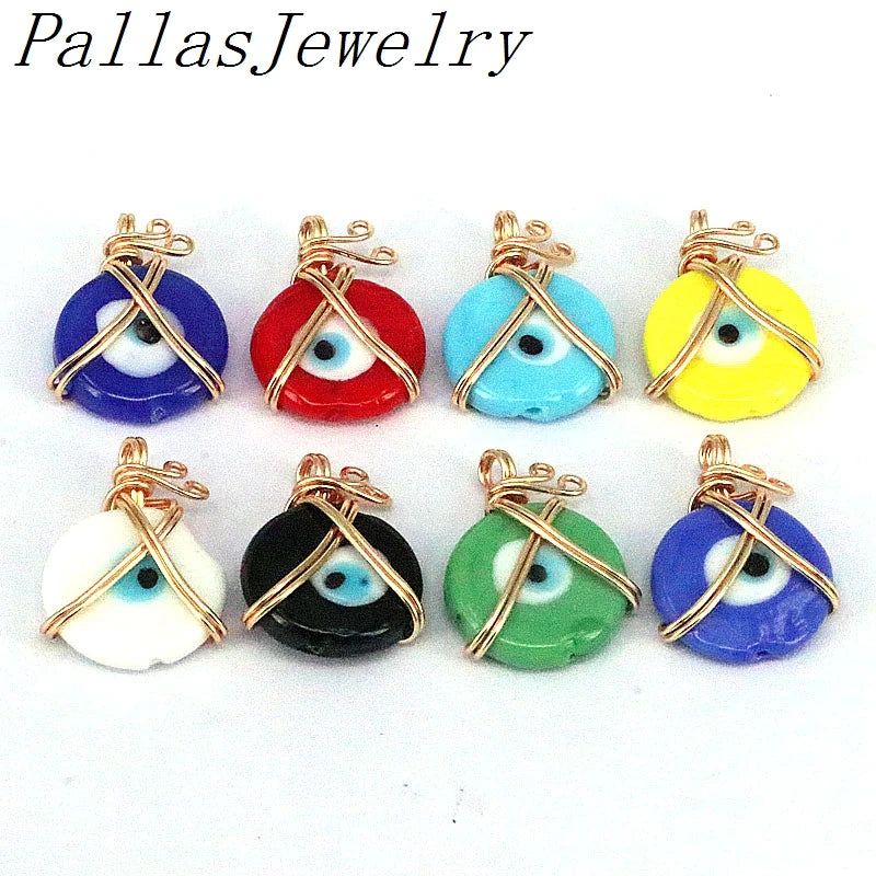 10Pcs Colorful Evil Eye Wire Wrapped Pendant Necklace DIY Charms
