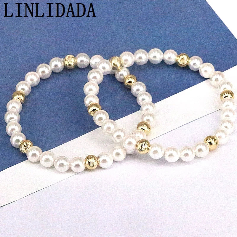 10Pcs Pearl Bracelet For Women Plated Stretchy Beaded Pearls Bracelets