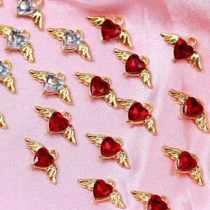 10Pcs Angel Wings Crystal Heart Charms Golden DIY Jewelry Findings
