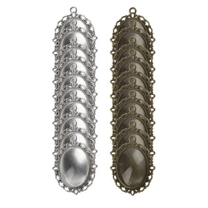 10 Antique Bronze Silver Oval Bezel Pendant Trays Glass Cabochons
