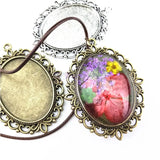 10 Antique Bronze Silver Oval Bezel Pendant Trays Glass Cabochons