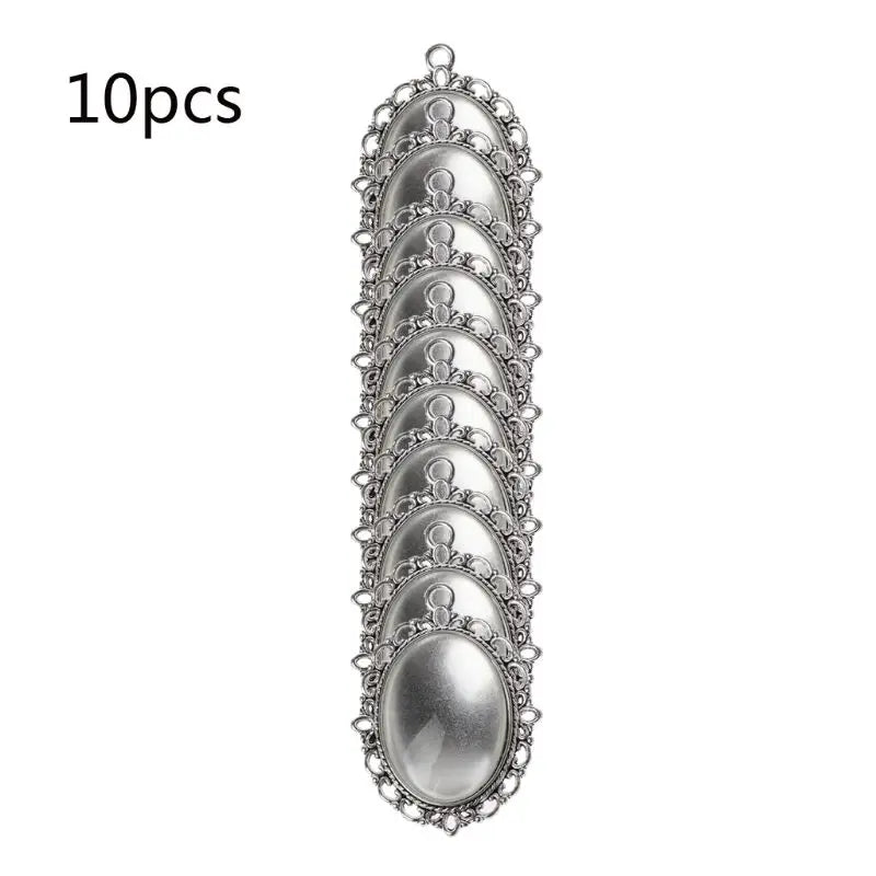 10 Antique Bronze Silver Oval Bezel Pendant Trays Glass Cabochons