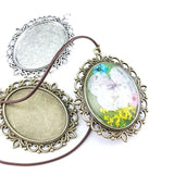 10 Antique Bronze Silver Oval Bezel Pendant Trays Glass Cabochons