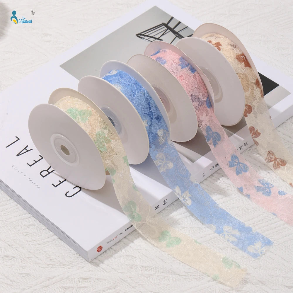 25mm Colorful Lace Embroidery Bow Ribbon Flower Packaging Hollow Floral DIY