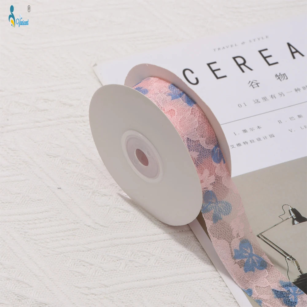 25mm Colorful Lace Embroidery Bow Ribbon Flower Packaging Hollow Floral DIY