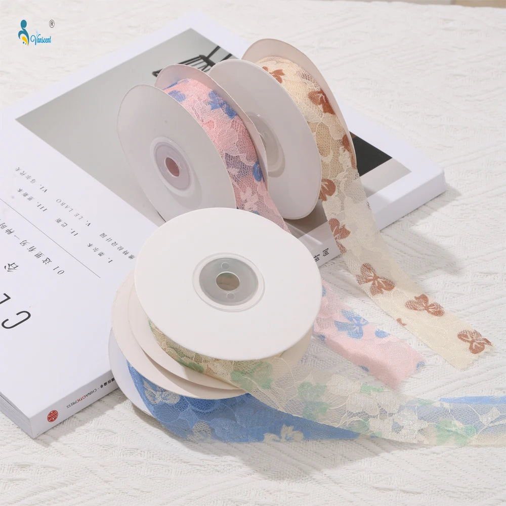 25mm Colorful Lace Embroidery Bow Ribbon Flower Packaging Hollow Floral DIY
