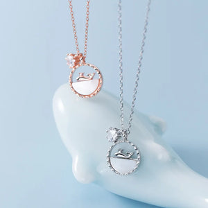 10mm Sterling Silver Dolphin Shell Circle CZ Necklace Pendant