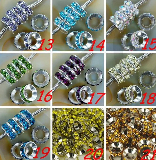 10mm 100pcs/lot Mixed Crystal Rondelle Spacer Beads Silver Plated European Bead