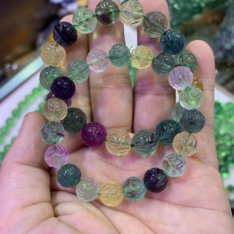 Flower Carved Natural Fluorite Stone Bracelet Gemstone Jewelry For Woman
