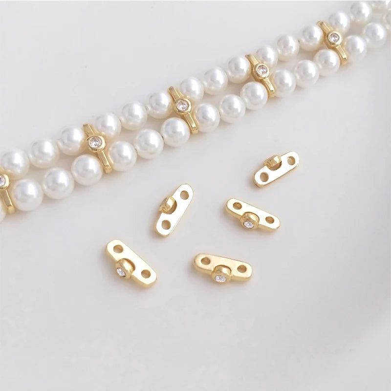10mm 2-Hole CZ Paved Pearl Spacer Beads 14K Plated DIY Jewelry Making Supply