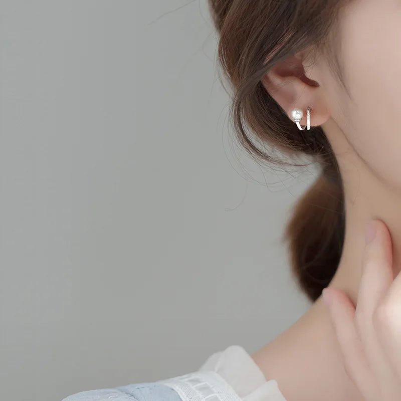 18k REAL Sterling Silver Double Rows Shell Pearl Stud Earrings