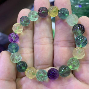 10mm Carved Natural Fluorite Stone Bracelet - Gemstone Jewelry Bracelet