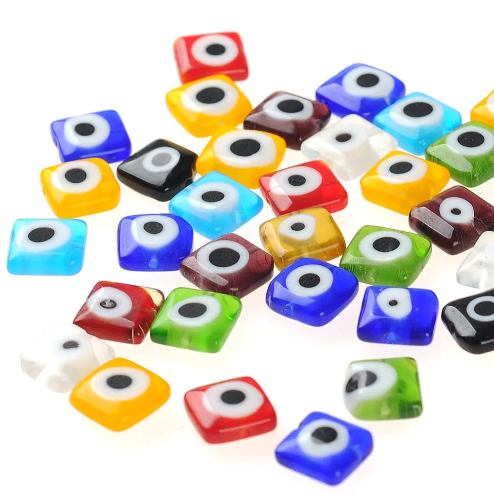 10mm Mixed Square Flat Evil Eye Beads Lampwork Glass for DIY Jewelry