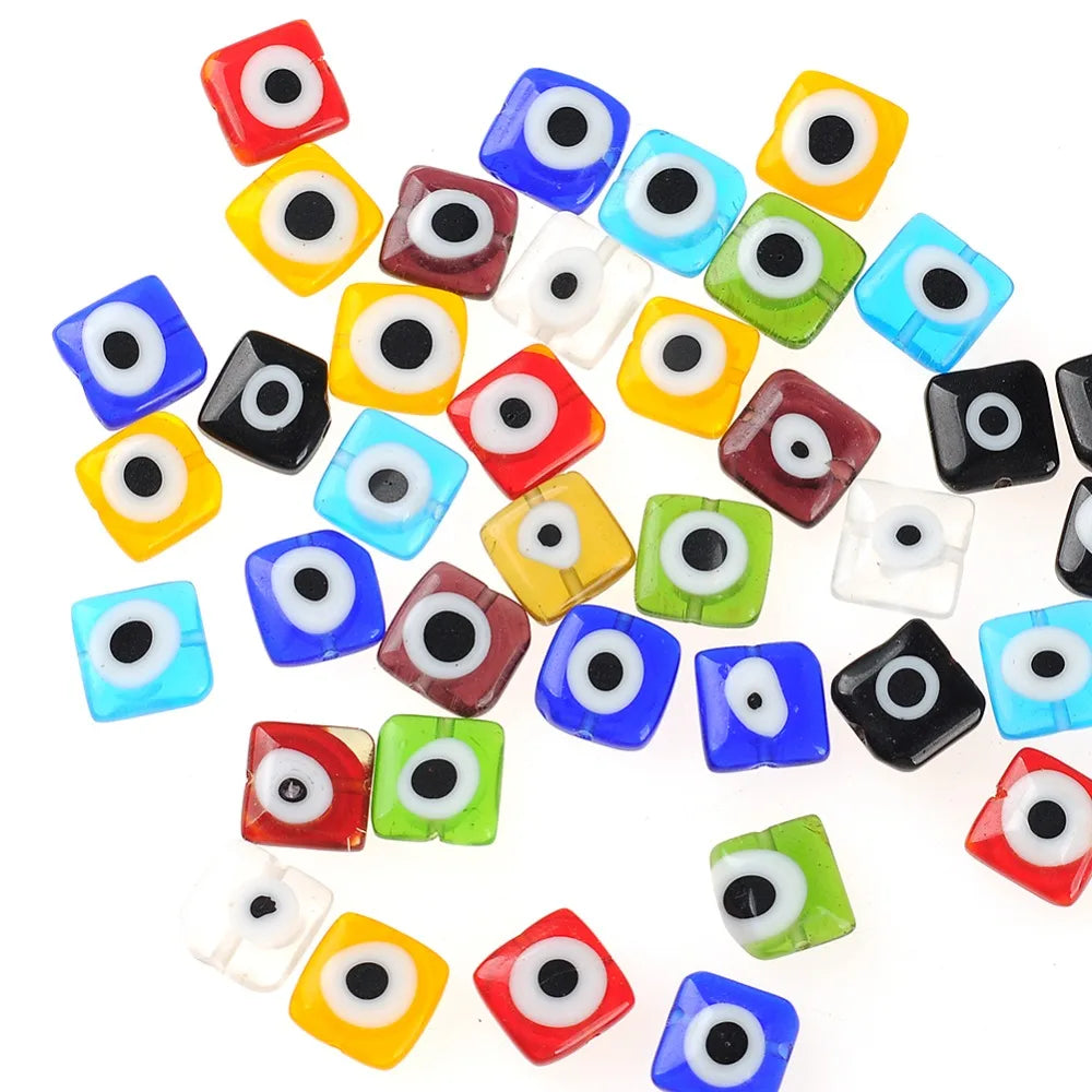 10mm Mixed Square Flat Evil Eye Beads Lampwork Glass for DIY Jewelry