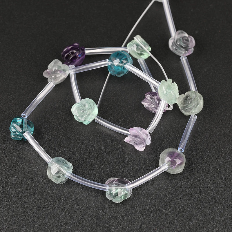 10mm Rainbow Fluorite Rose Flower Beads, Natural Stone Earrings Jewelry Making