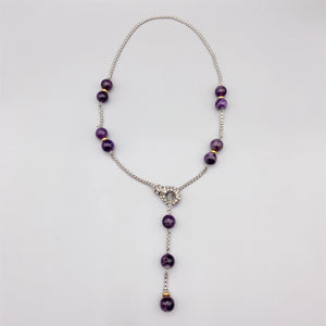 10mm Purple Amethyst Necklace Box Chain Magnetic Clasp Silver Tone