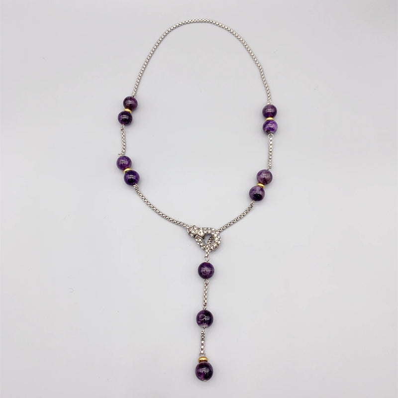 10mm Purple Amethyst Necklace Box Chain Magnetic Clasp Silver Tone
