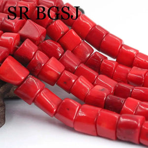 10mm Red Coral Freeform Column Beads 15in