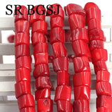 10mm Red Coral Freeform Column Beads 15in
