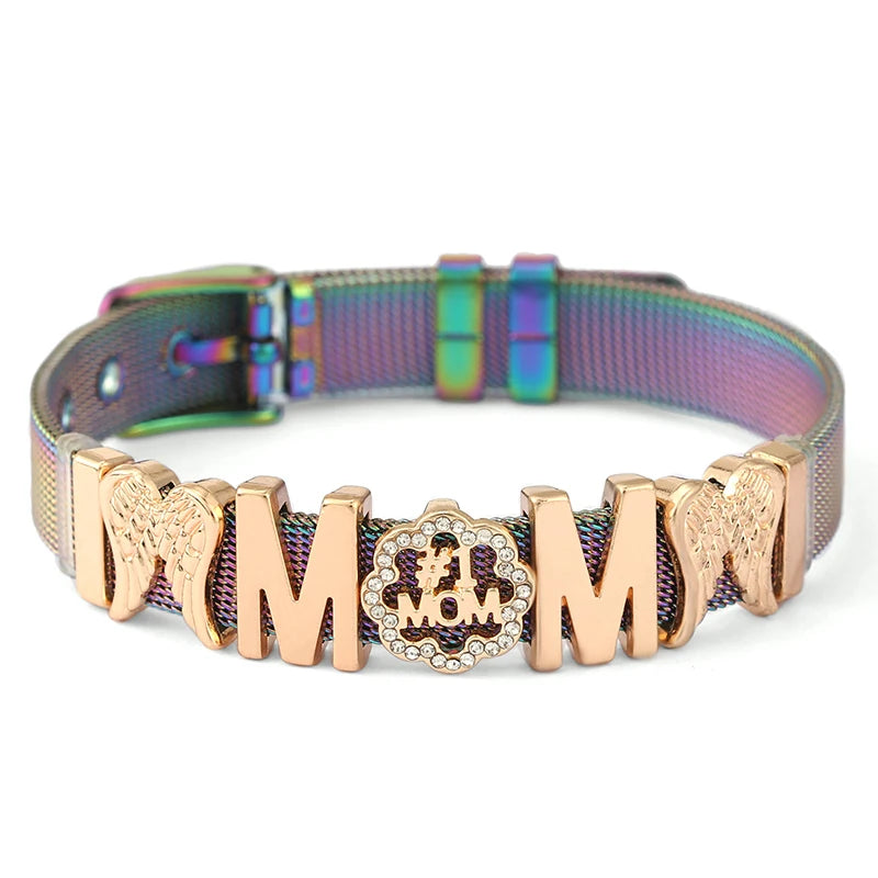 Stainless Steel Mesh Bracelet with MOM Key & Lock Charm