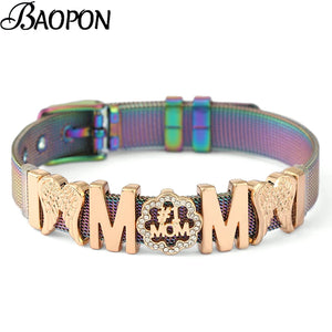 Stainless Steel Mesh Bracelet with MOM Key & Lock Charm