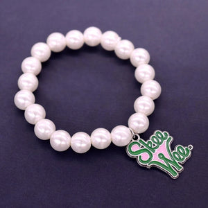 10mm Pearl Chain Greek Letters Charm Pink Green Alpha Skee Bracelet