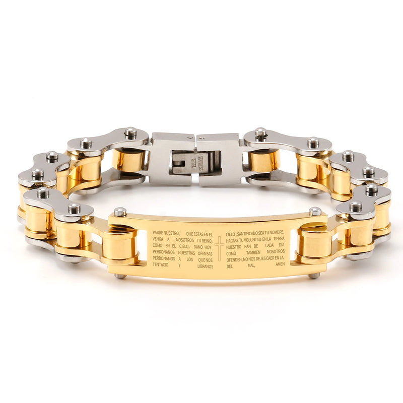 10mm Bike Chain Bracelet Men Cross Bible Nameplate Stainless Steel