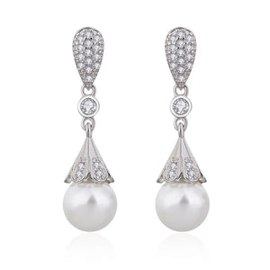10mm Pearl Zircon Diamonds Dangle Drop Earrings 14k Bridal Wedding Jewelry