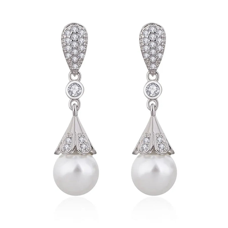 10mm Pearl Zircon Diamonds Dangle Drop Earrings 14k Bridal Wedding Jewelry