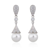 10mm Pearl Zircon Diamonds Dangle Drop Earrings 14k Bridal Wedding Jewelry