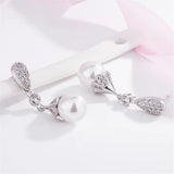 10mm Pearl Zircon Diamonds Dangle Drop Earrings 14k Bridal Wedding Jewelry