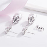 10mm Pearl Zircon Diamonds Dangle Drop Earrings 14k Bridal Wedding Jewelry