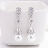 10mm Pearl Zircon Diamonds Dangle Drop Earrings 14k Bridal Wedding Jewelry