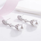 10mm Pearl Zircon Diamonds Dangle Drop Earrings 14k Bridal Wedding Jewelry