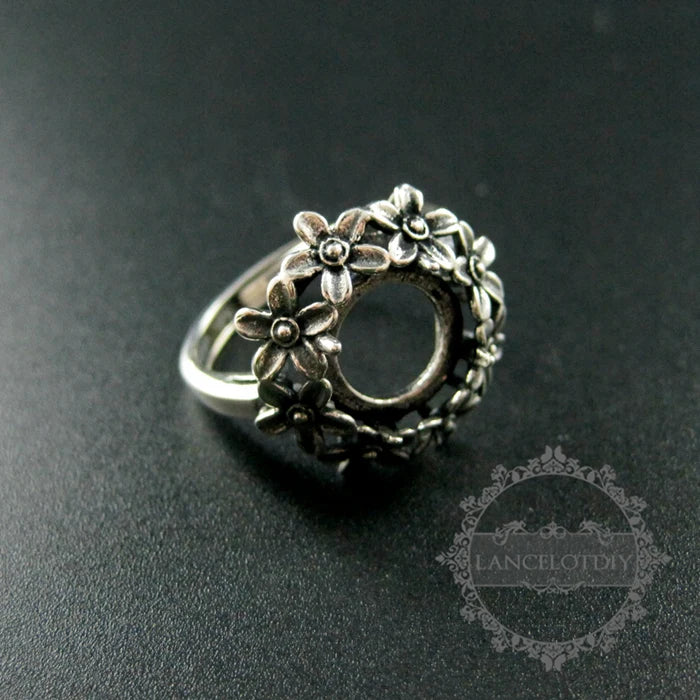 10mm Flower Round Bezel Tray 925 Sterling Silver Ring Setting