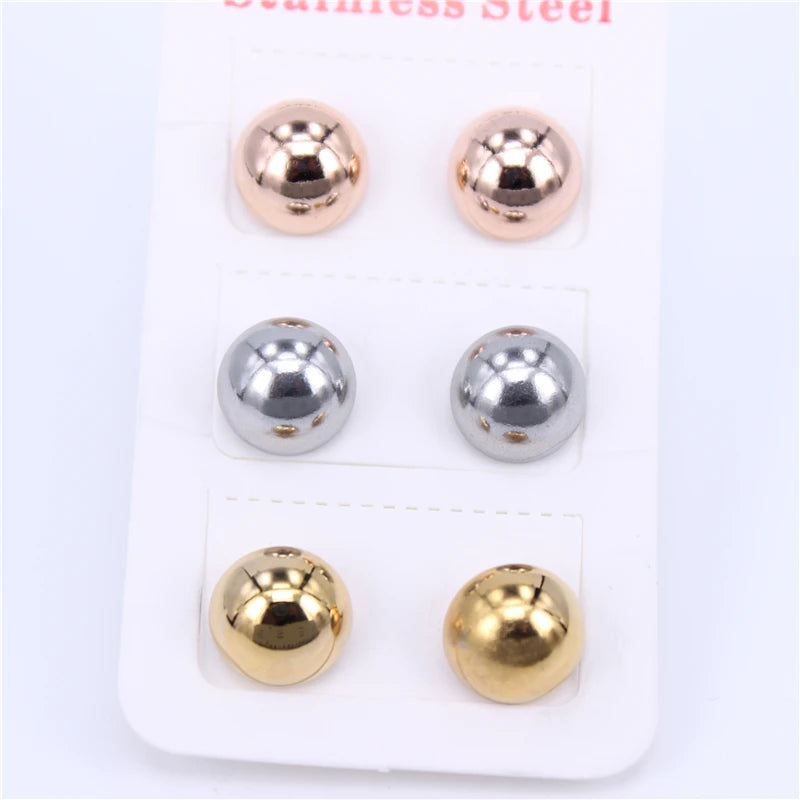 10mm 3-Color Stainless Steel Earrings Set for Men and Women