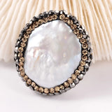10pc Natural Pearls Beads with Polymer Clay Rhinestone FloralWhite