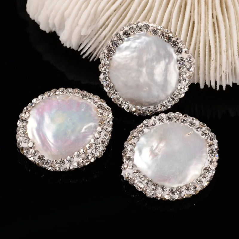 10pc Natural Pearls Beads with Polymer Clay Rhinestone FloralWhite