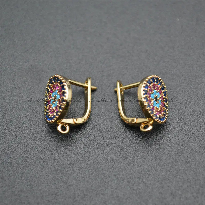 10pc High Round Coin Shape Earring Hooks Colorful Zircon Beads Paved Findings