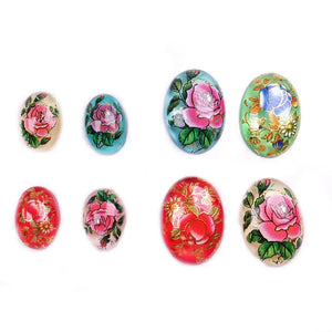 10pc Mix Flat Teardrop Oval Cabochons with Vintage Japanese Colored Drawing