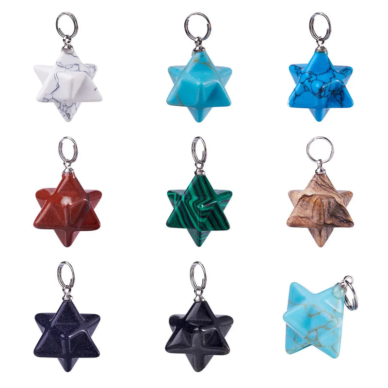 Mixed Stone Merkaba Star Pendants for Jewelry Making, Brass Finding