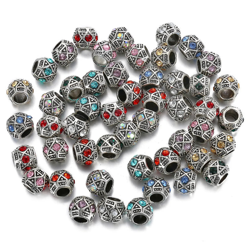 10pcs 10mm Tibetan Silver Crystal Charms Big Hole Beads