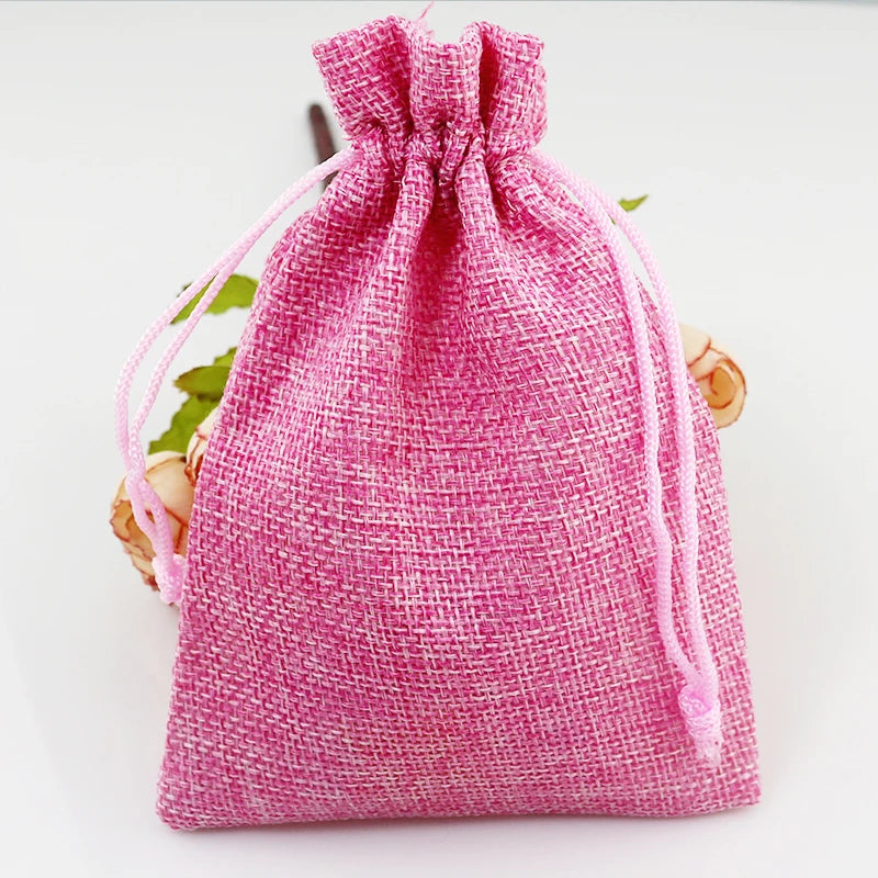 10pcs 10x14cm Jute Drawstring Pouches Pink
