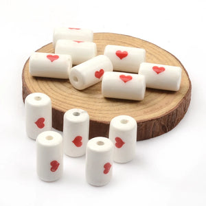 10pcs Red Heart Ceramic Beads Tube Shape Spacer 10x17mm