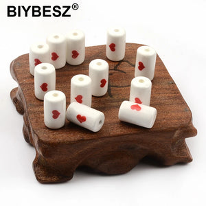10pcs Red Heart Ceramic Beads Tube Shape Spacer 10x17mm