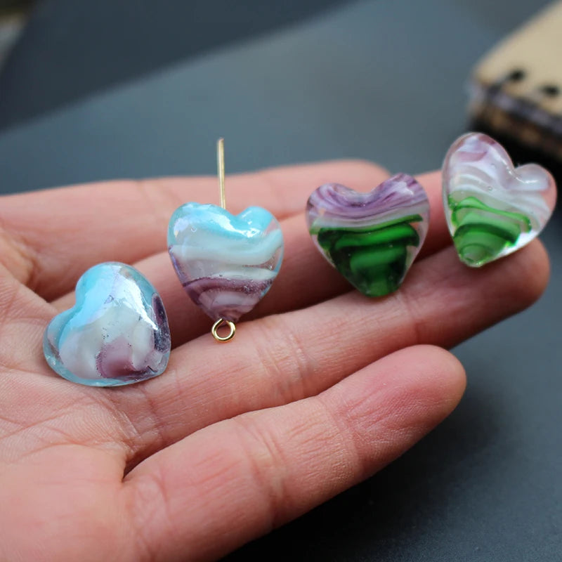 10pcs 18mm Heart Shape Lampwork Glass Beads Purple Green Jewelry Making