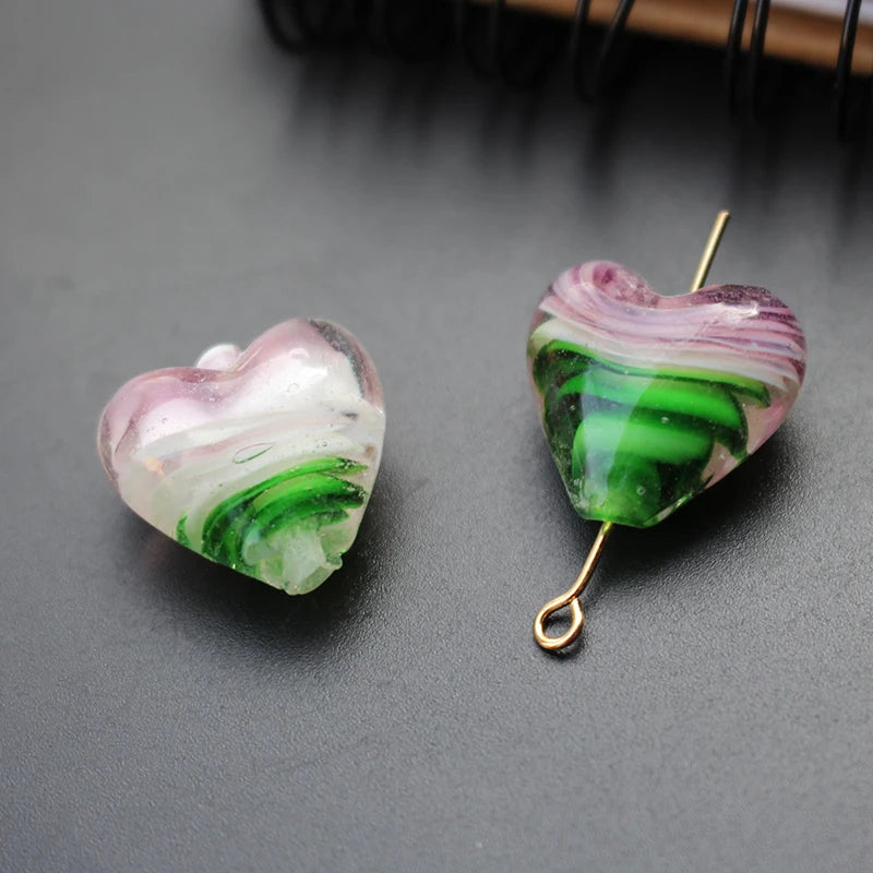 10pcs 18mm Heart Shape Lampwork Glass Beads Purple Green Jewelry Making
