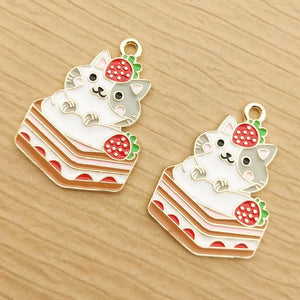10pcs Strawberry Cake Cat Charm for Jewelry Making